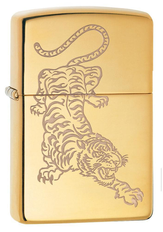 Zippo High Polish Brass Tiger Design Pocket Lighter Zippo