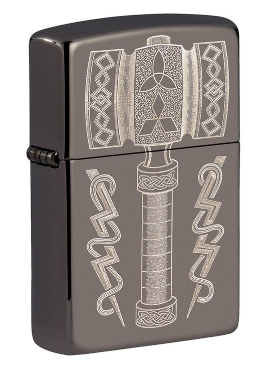 Front shot of Thor's Hammer Design Black Ice?« Windproof Lighter standing at a 3/4 angle
