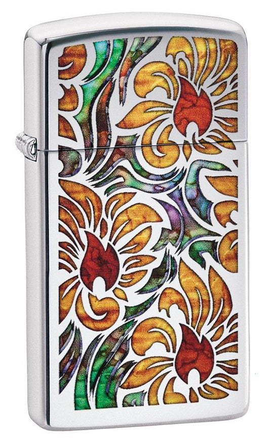 Zippo Slim Fusion Floral High Polish Chrome Pocket Lighter Zippo