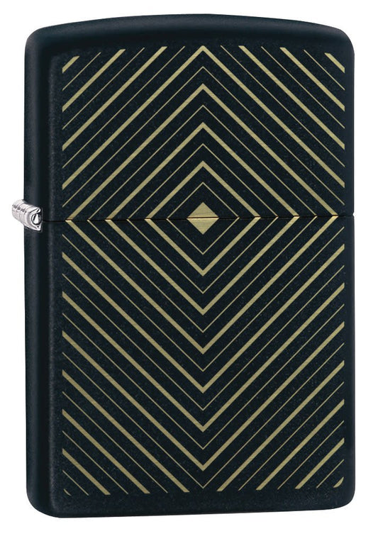 Front shot of Box Design Black Matte Windproof Lighter standing at a 3/4 angle.