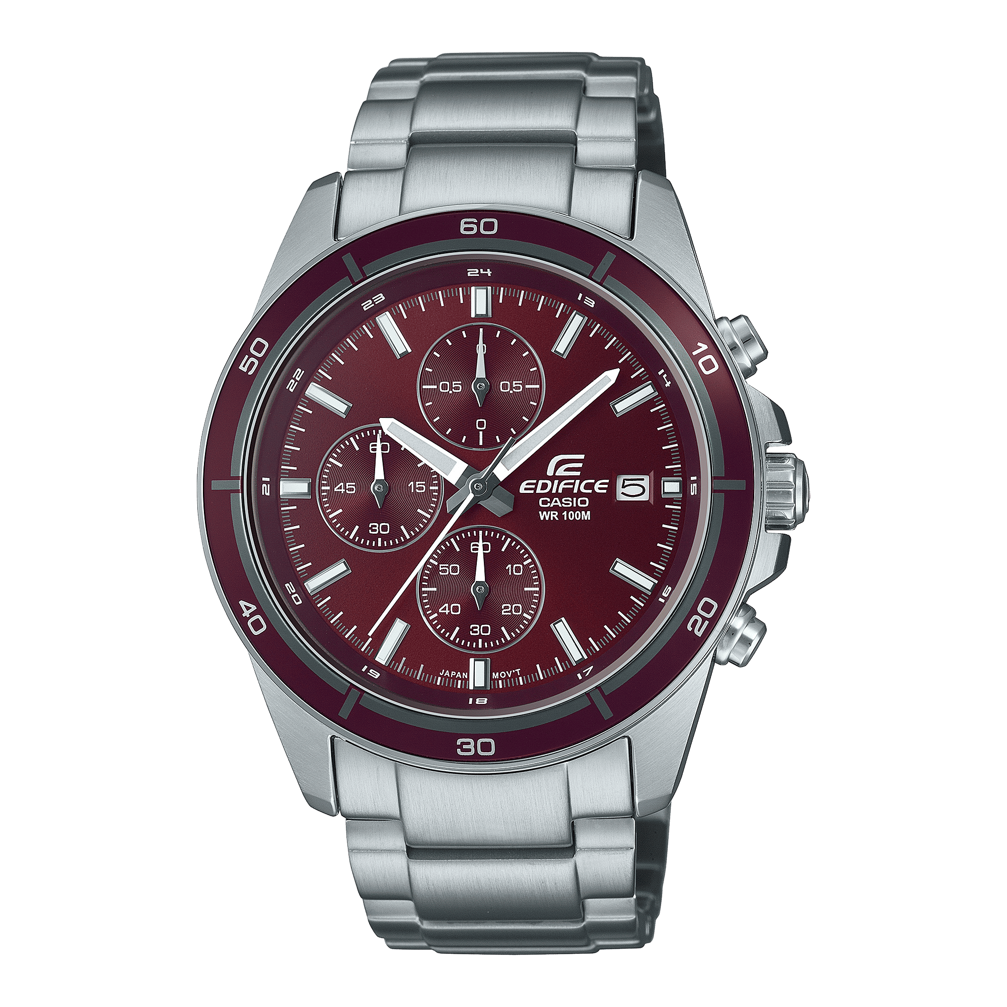 CASIO EDIFICE EFR-526D-5CVUDF RED ANALOG DIAL SILVER STAINLESS STEEL STRAP MEN'S WATCH CHRONOGRAPH 100M WATER RESISTANT