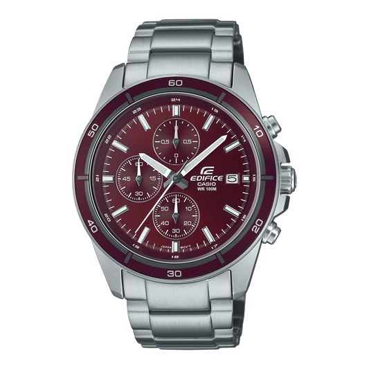 CASIO EDIFICE EFR-526D-5CVUDF RED ANALOG DIAL SILVER STAINLESS STEEL STRAP MEN'S WATCH CHRONOGRAPH 100M WATER RESISTANT