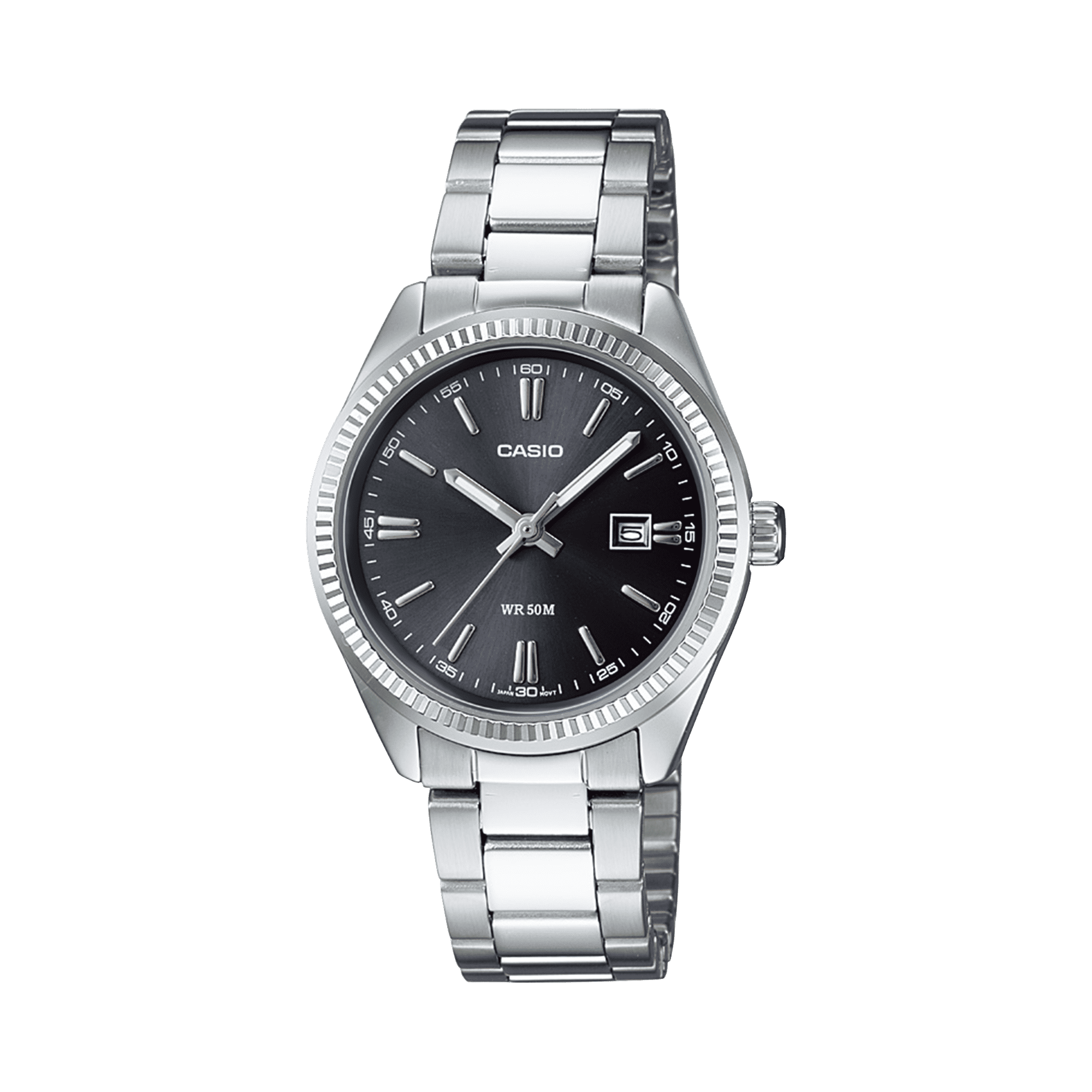 CASIO ENTICER LADIES LTP-1302D-1A1VDF BLACK ANALOG DIAL SILVER STAINLESS STEEL BAND A1535