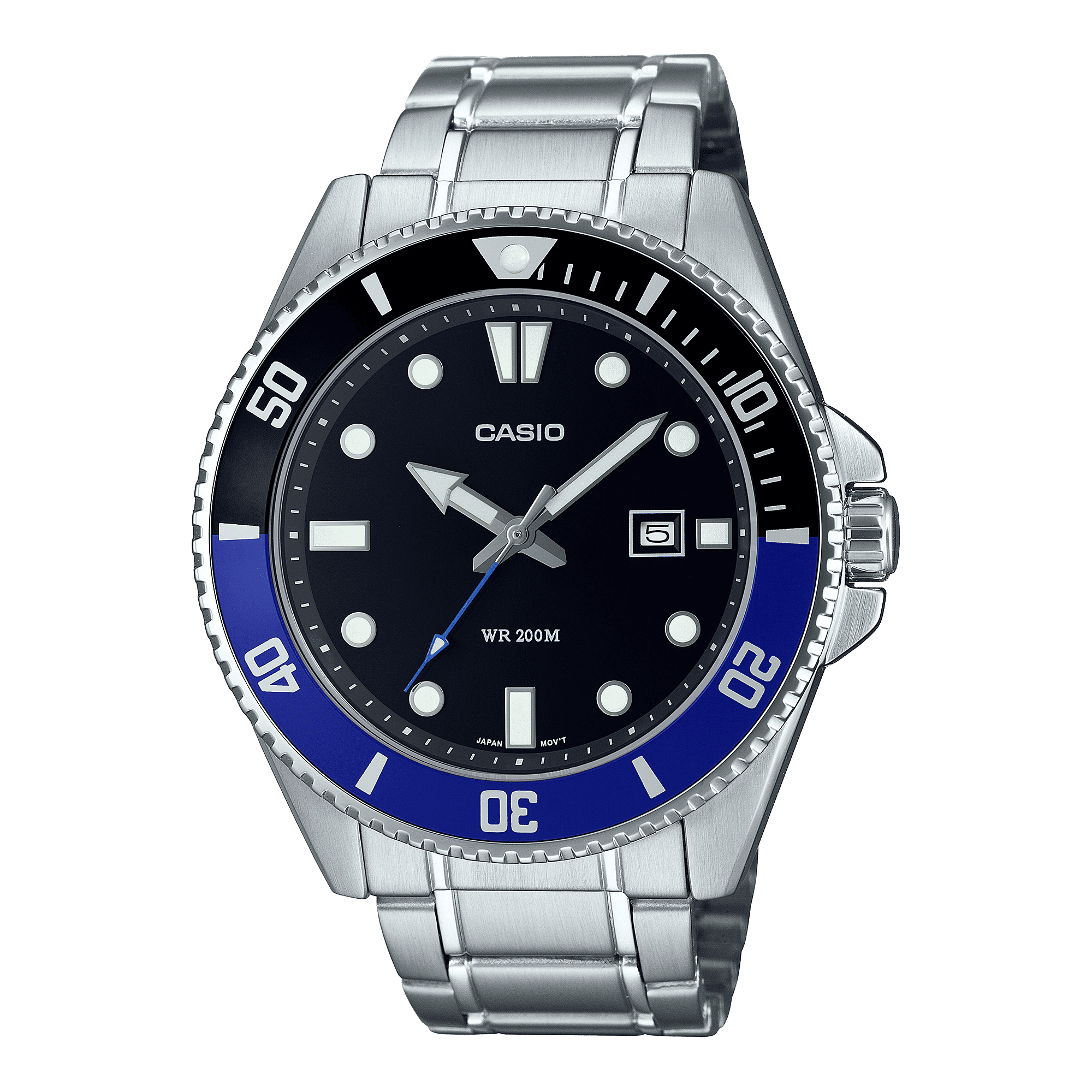 CASIO MDV-107D-1A2VDF BLACK-BLUE ANALOG DIAL SILVER STAINLESS STEEL BAND MEN'S WATCH A2190
