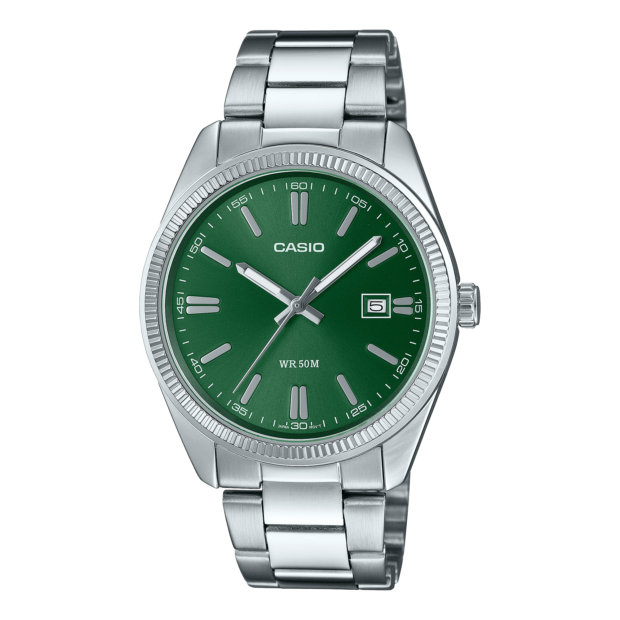 CASIO MTP-1302PD-3AVEF GREEN ANALOG DIAL SILVER STAINLESS STEEL BAND MEN'S WATCH A2262