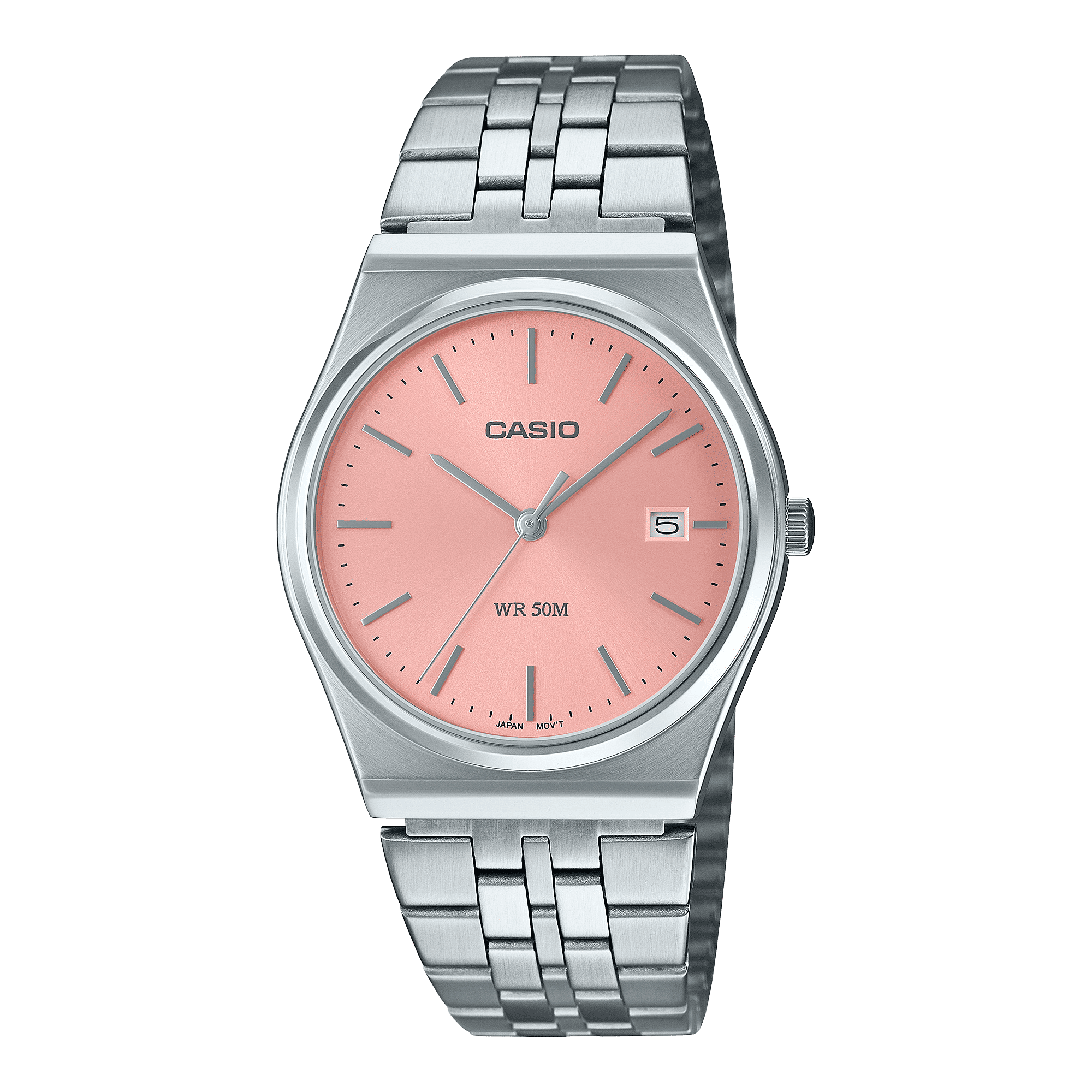 CASIO MTP-B145D-4AVDF PINK ANALOG DIAL SILVER STAINLESS STEEL BAND MEN'S WATCH A2200