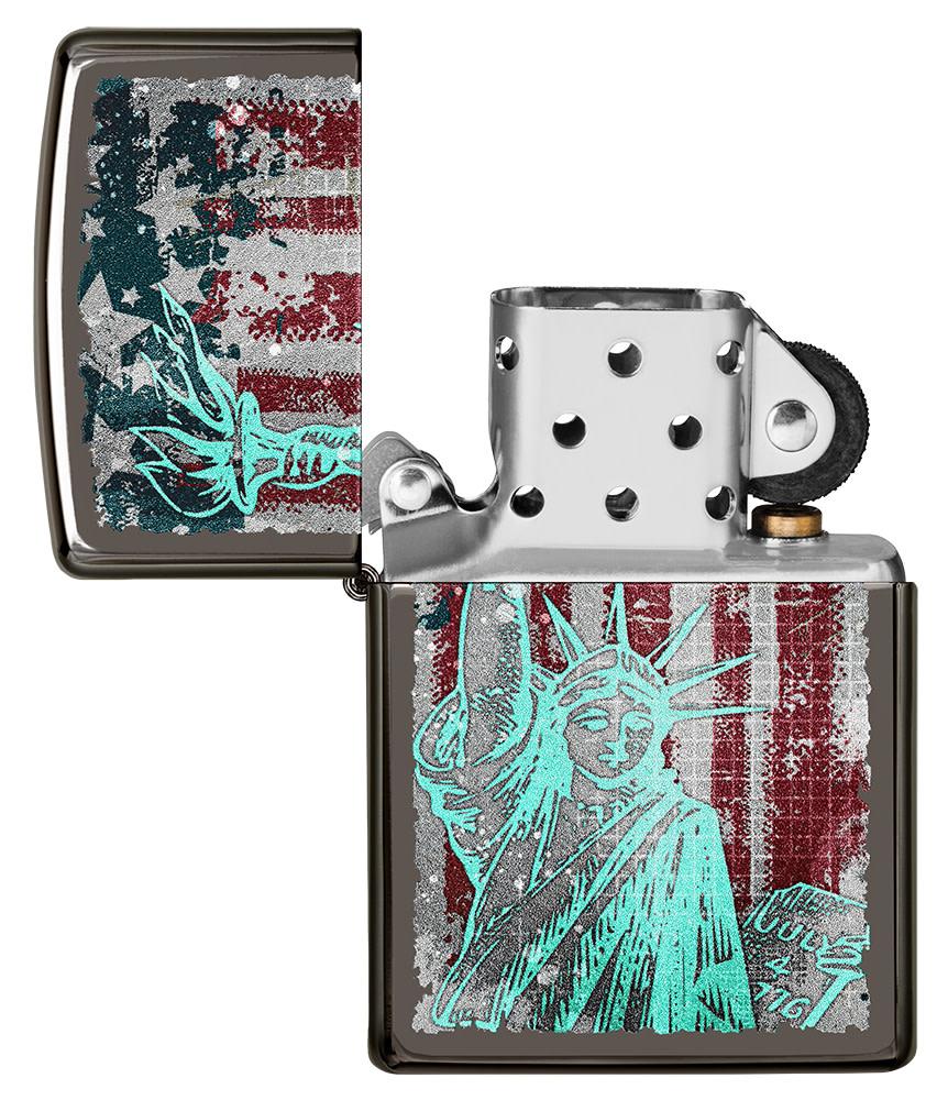 Statue Of Liberty Design Black Ice?« Windproof Lighter with its lid open and unlit.