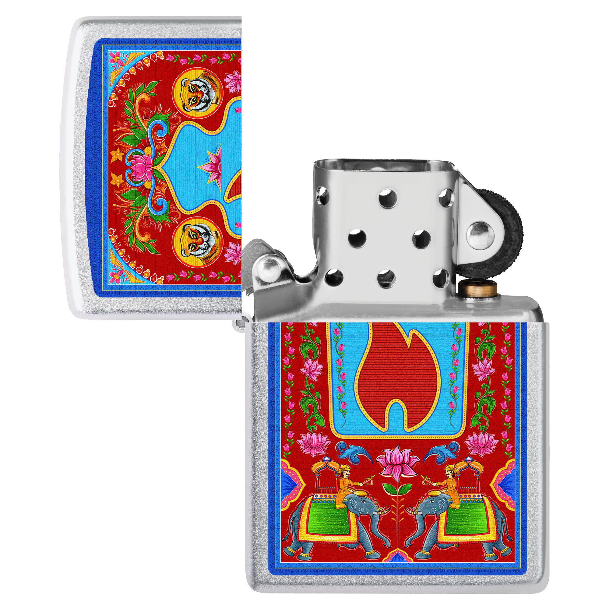 Zippo Design Windproof Lighter with its lid open and unlit.