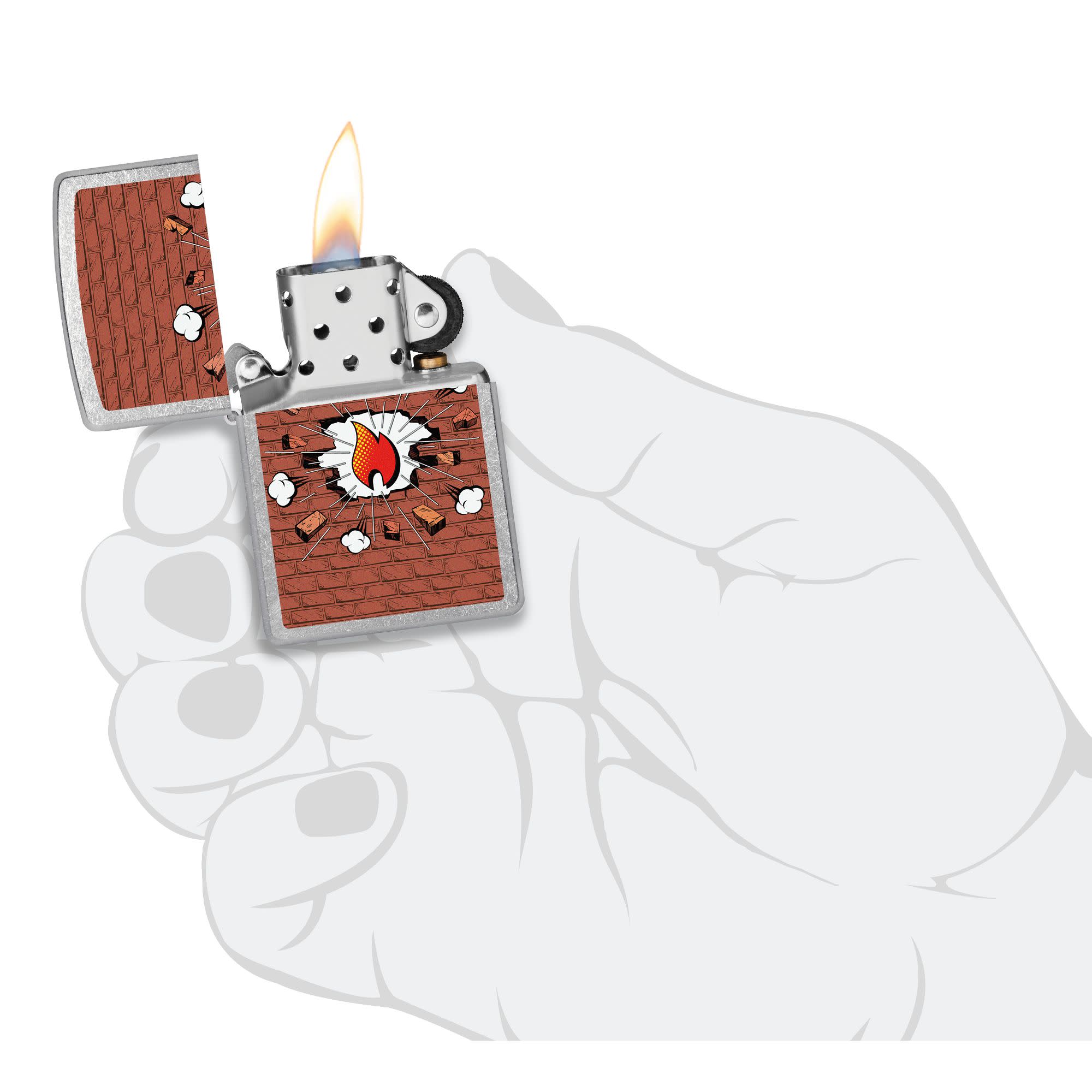 Brick Comic Design Windproof Lighter lit in hand.