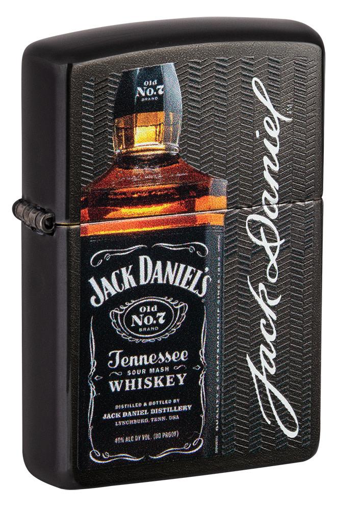 Front shot of Jack Daniel's?« Logo and Bottle Gray Windproof Lighter standing at a 3/4 angle