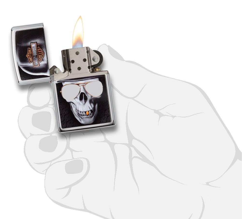 Front view of the Harley-Davidson Satin Chrome Lighter in hand, open and lit