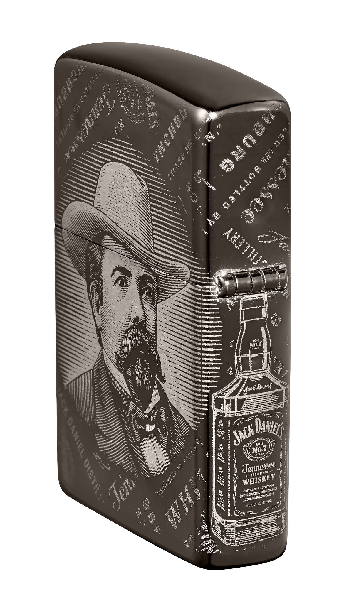 Jack Daniel's?« Photo Image 360?« Black Ice?« Windproof Lighter standing at an angle, showing the back and hinge side of the design.