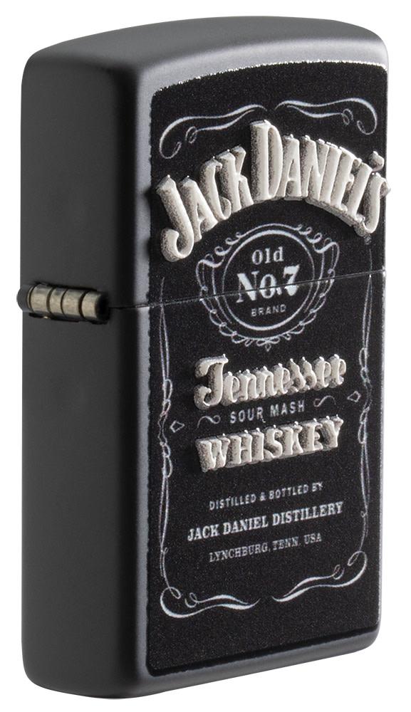 Angle shot of Jack Daniel's?« Texture Print Black Matte Windproof Lighter showing the texture print process
