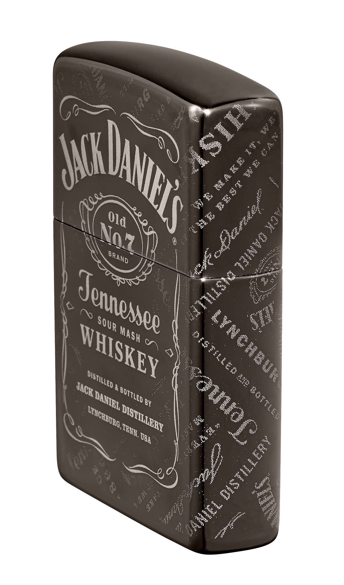 Jack Daniel's?« Photo Image 360?« Black Ice?« Windproof Lighter standing at an angle, showing the front and right side of the design.