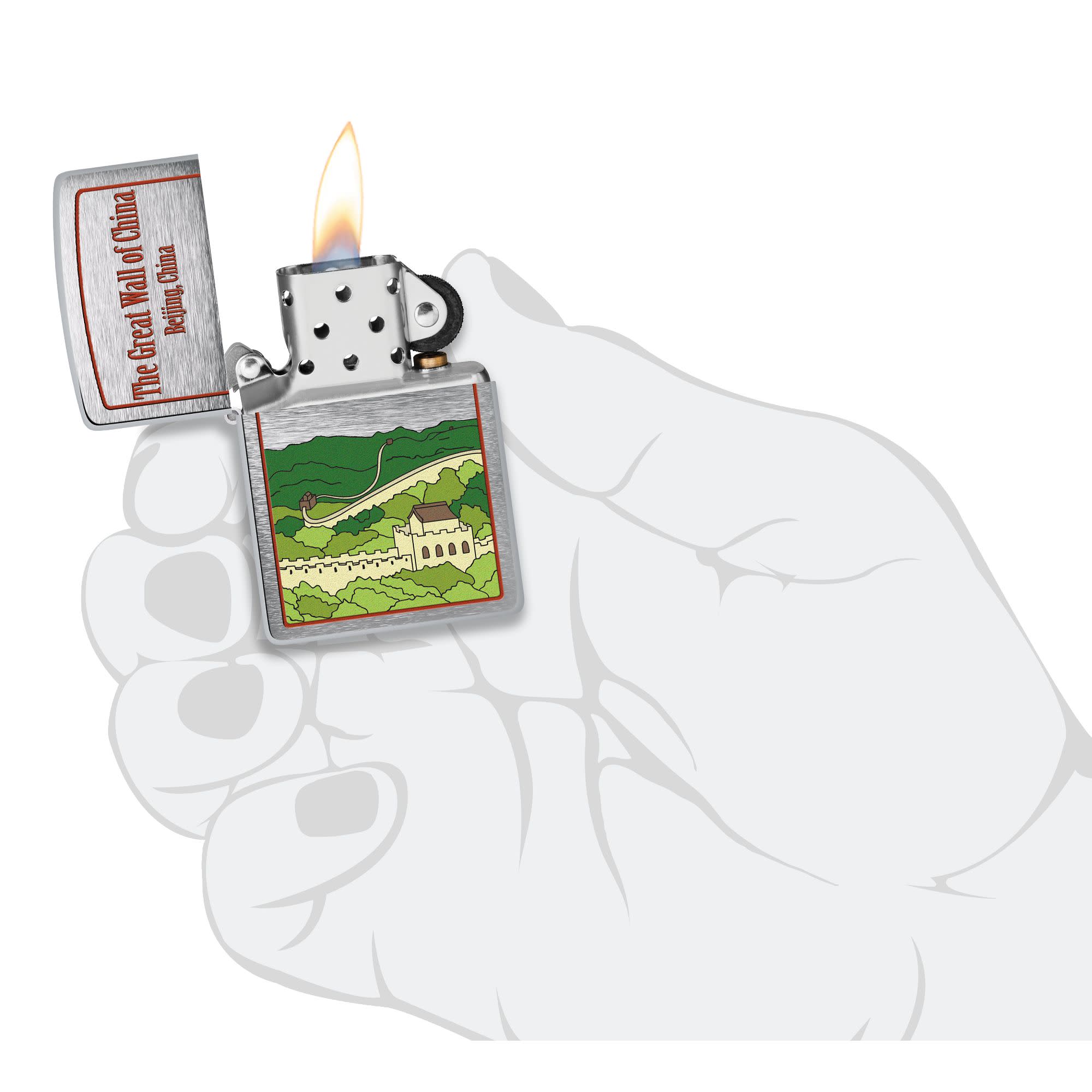 Great Wall of China Design Windproof Lighter lit in hand.