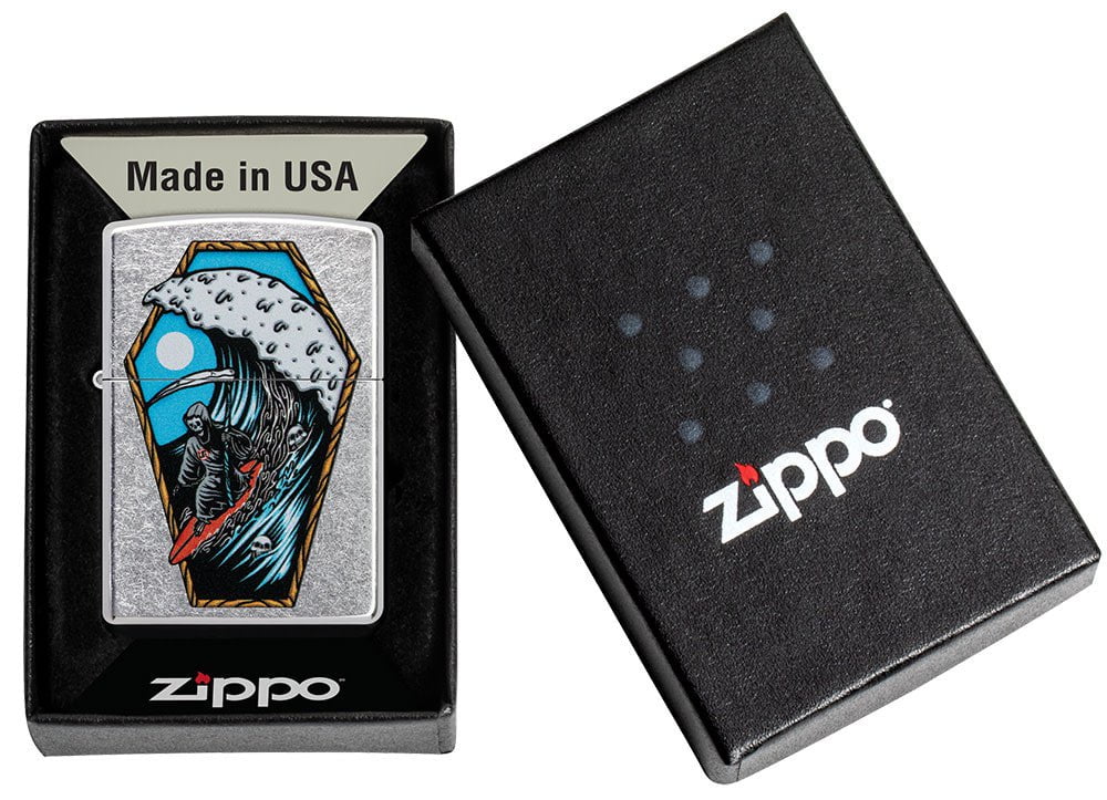 Reaper Surfer Design Street Chrome?äó Windproof Lighter in its packaging.
