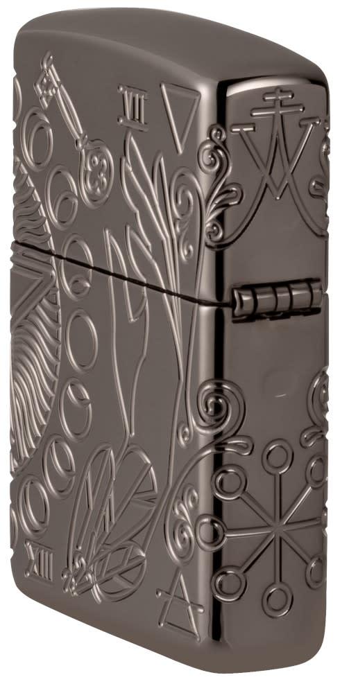 Wicca Design Armor?« Black Ice?« Windproof Lighter standing at an angle, showing the back and hinge side of the lighter.