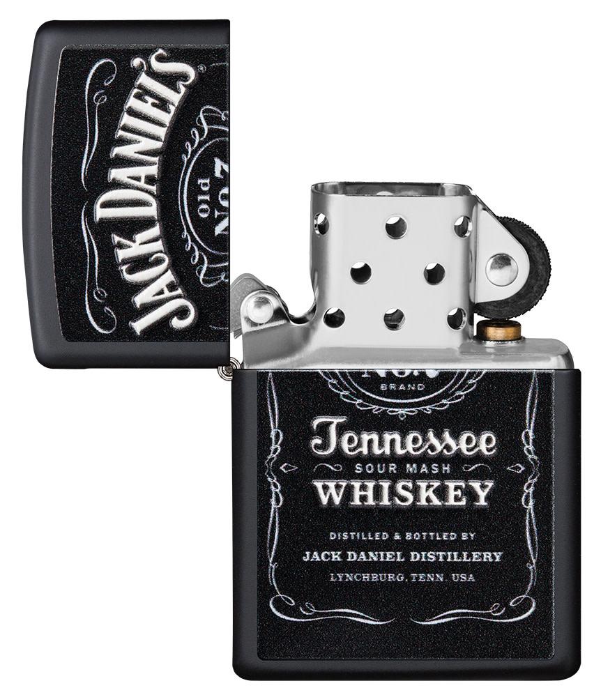 Jack Daniel's?« Texture Print Black Matte Windproof Lighter with its lid open and unlit