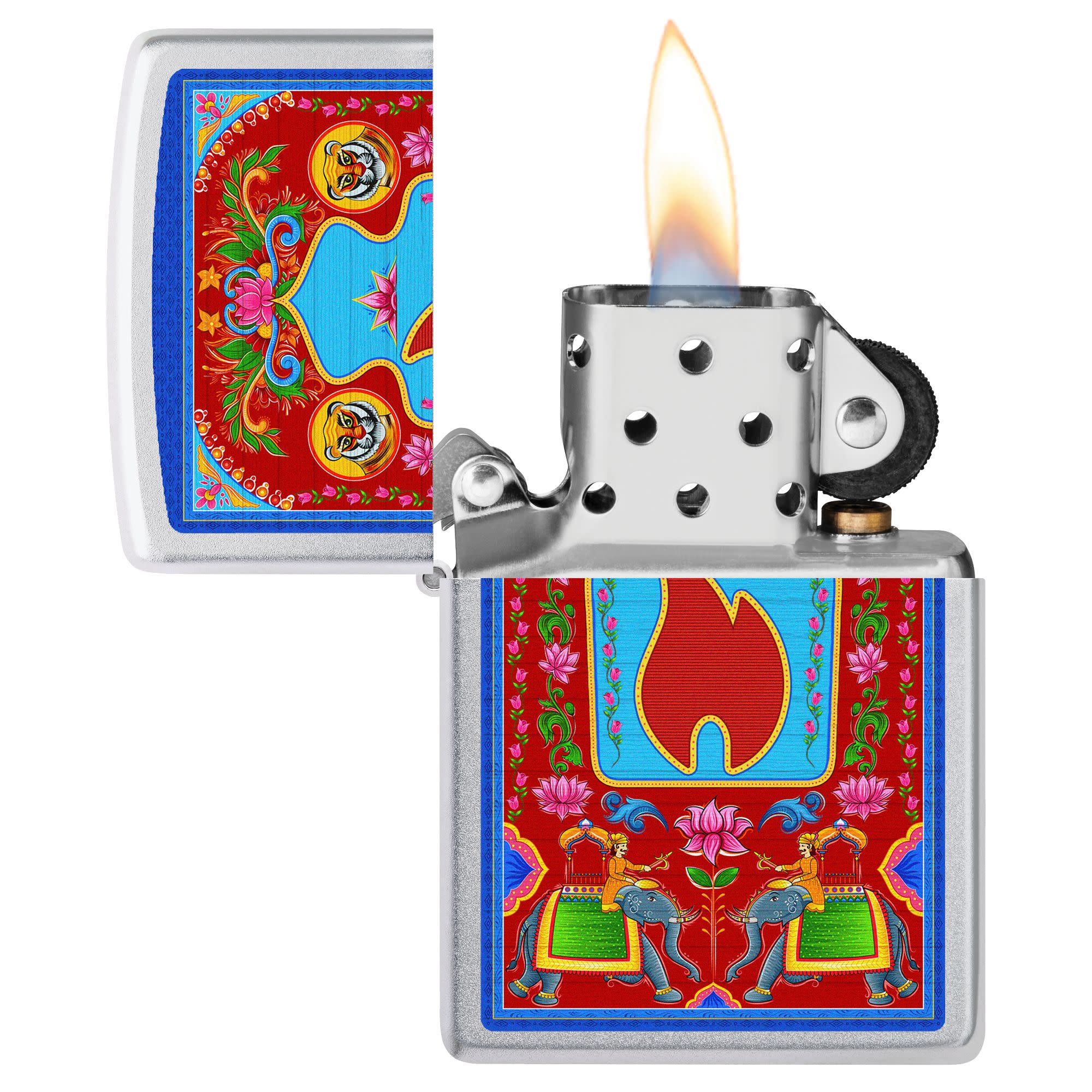 Zippo Design Windproof Lighter with its lid open and lit.
