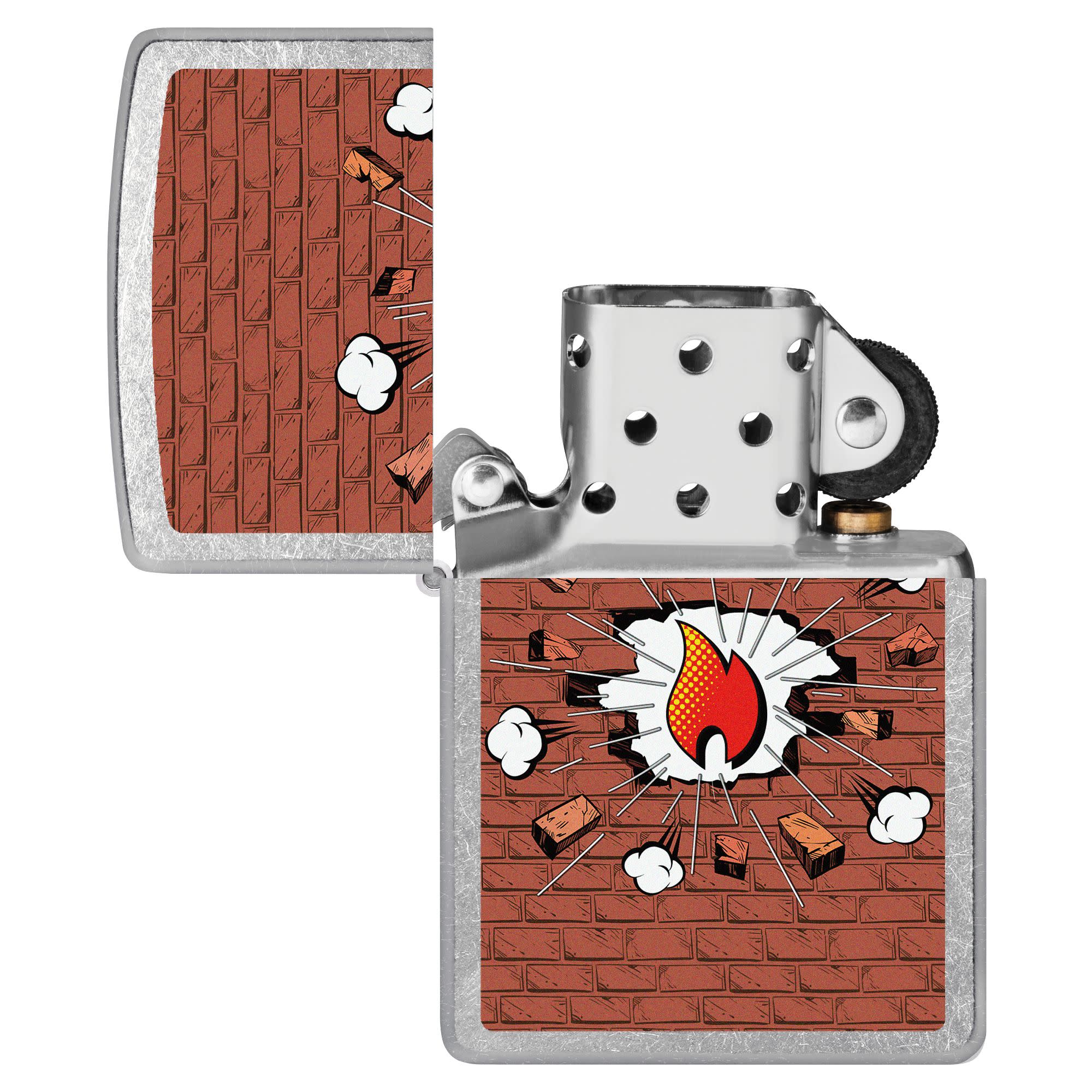 Brick Comic Design Windproof Lighter with its lid open and unlit.