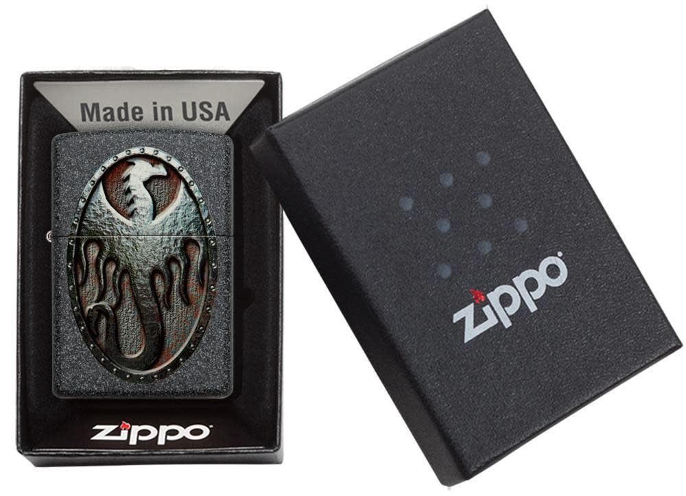 Metal Dragon Shield Design Iron Stone Lighter in its packaging