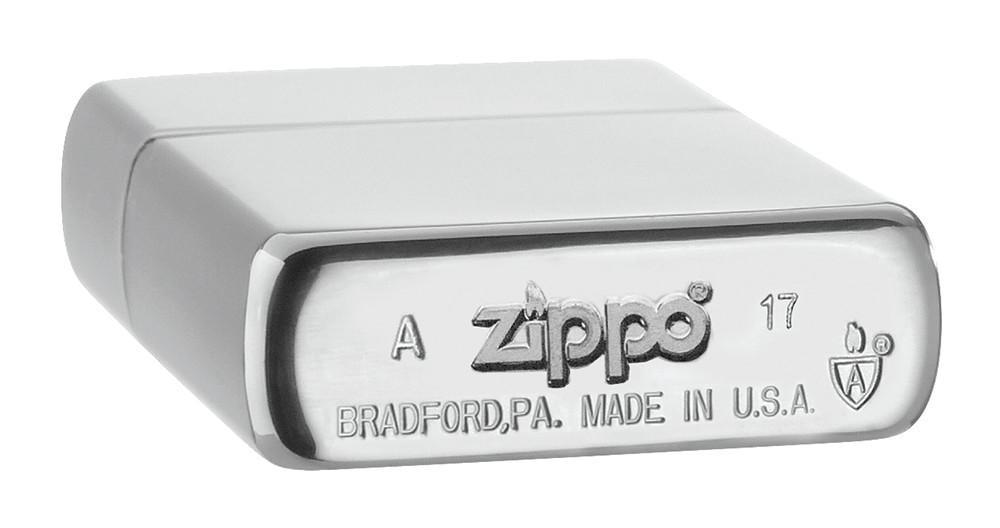 Armor?« Brushed Chrome Windproof Lighter laying flat, showing the bottom stamp