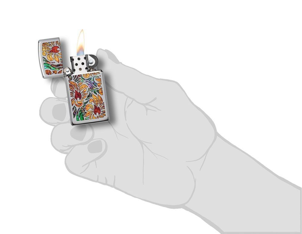 Zippo Slim Fusion Floral High Polish Chrome Pocket Lighter Zippo