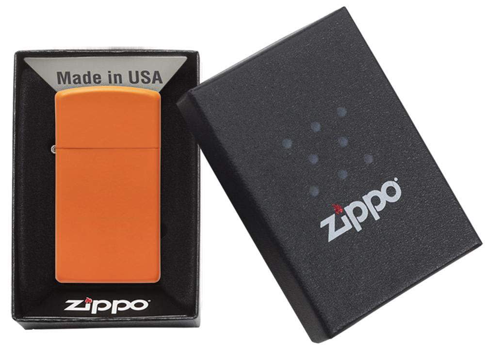 Slim?« Orange Matte Windproof Lighter in packaging