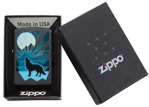 Zippo Wolf and Moon Design Black Matte Pocket Lighter Zippo