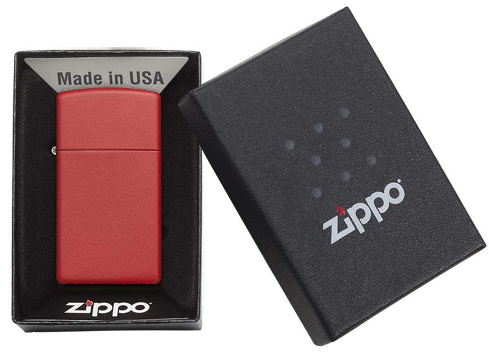 Front view of the Slim?« Red Matte in packaging