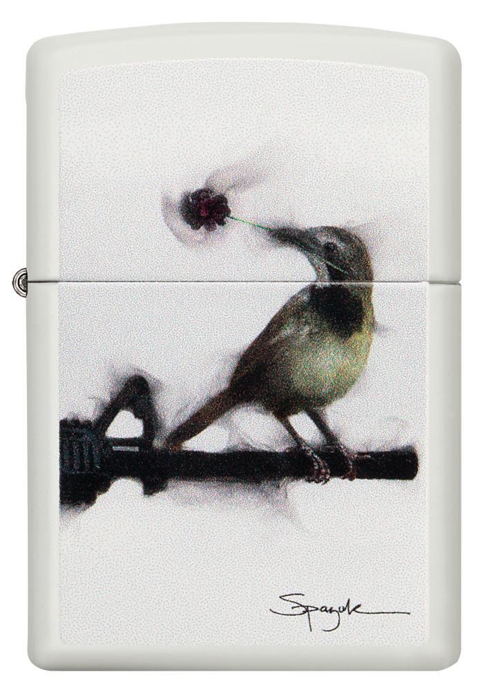 Zippo Spazuk White Matte Bird Holding a Rose Pocket Lighter Zippo