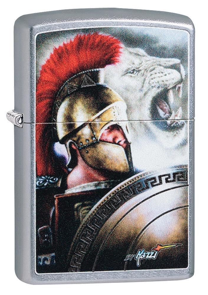 Mazzi Roman Street Chrome windproof lighter facing forward at a 3/4 angle