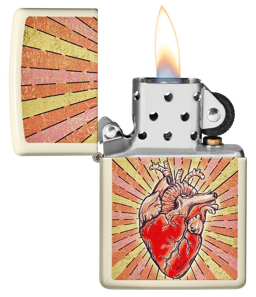 Heart Design Cream Matte Windproof Lighter with its lid open and lit