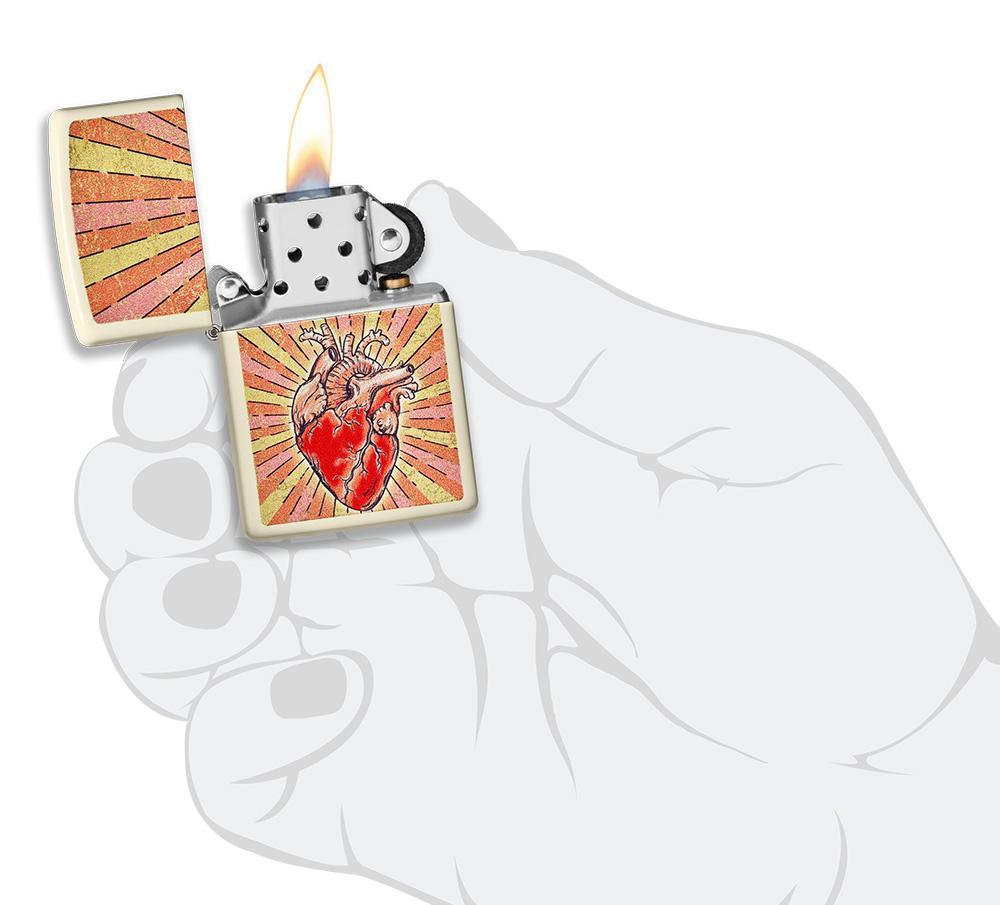 Heart Design Cream Matte Windproof Lighter lit in hand