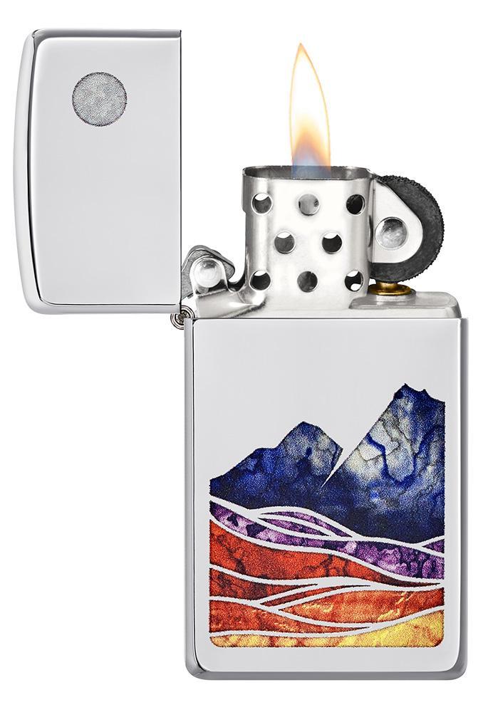 Slim?« Landscape Design High Polish Chrome Windproof Lighter with its lid open and lit