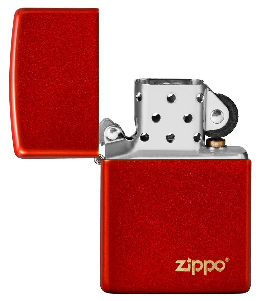 Classic Metallic Red Matte Zippo Logo Windproof Lighter with its lid open and unlit