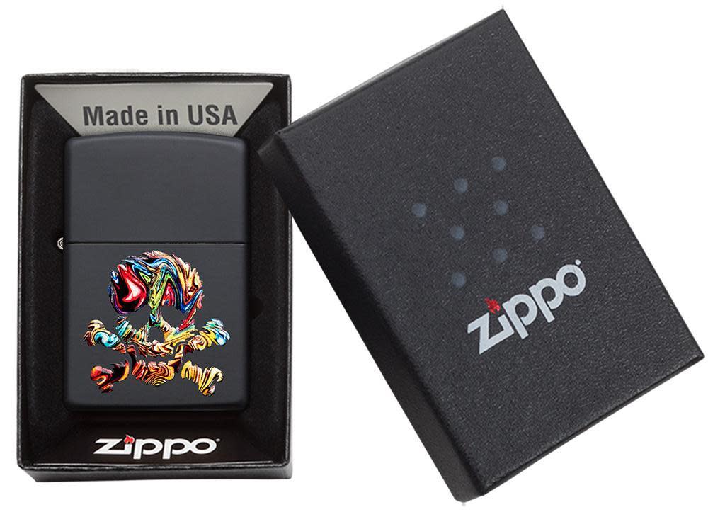 Skull Textured Black Matte windproof lighter in packaging