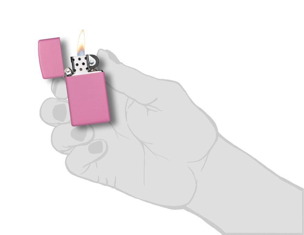 Front view of the Slim Case with Pink Matte Finish Lighter in hand, open and lit