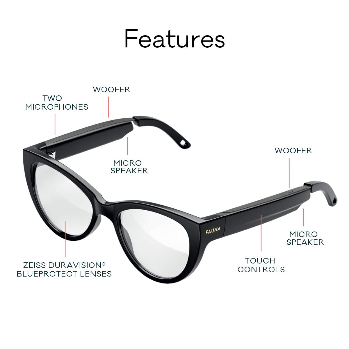 FAUNA Levia Black - Women designer audio blue light filter glasses with speakers FAUNA