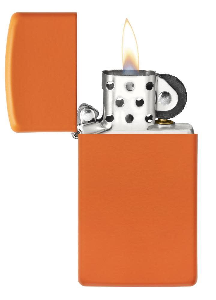 Slim?« Orange Matte Windproof Lighter open and lit