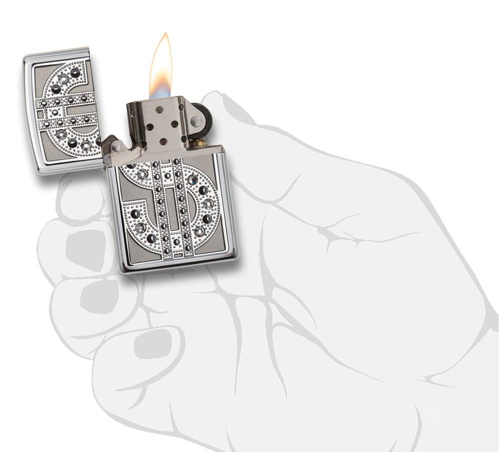 Zippo Swarovski Bling Brushed Chrome Emblem Pocket Lighter Zippo