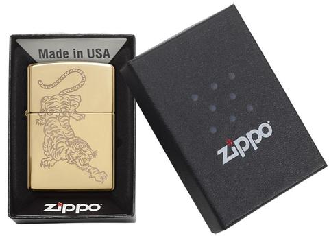 Zippo High Polish Brass Tiger Design Pocket Lighter Zippo