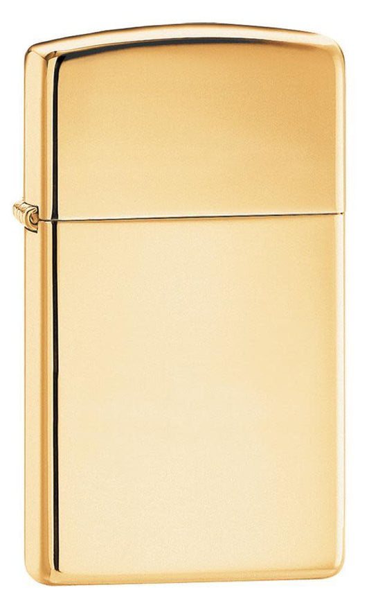 Front shot of Slim?« High Polish Brass Finish Windproof Lighter standing at a 3/4 angle