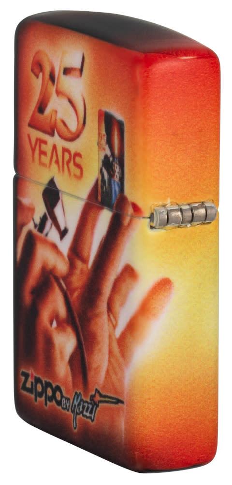 Mazzi?« 25th Anniversary 540 Color Windproof Lighter standing at an angle, showing the back and hinge side of the lighter.