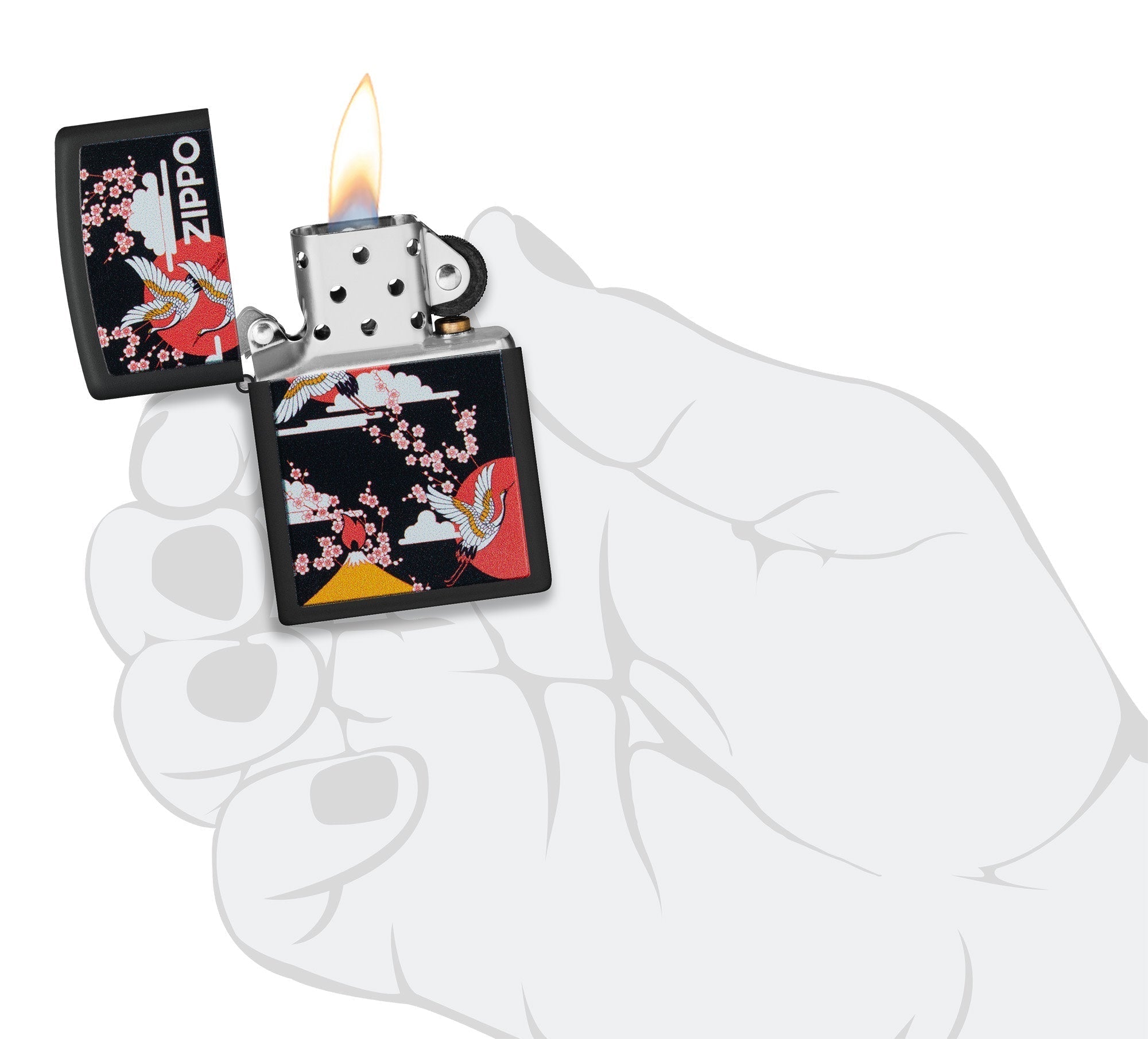 Zippo Kimono Design Black Matte Windproof Lighter lit in hand.