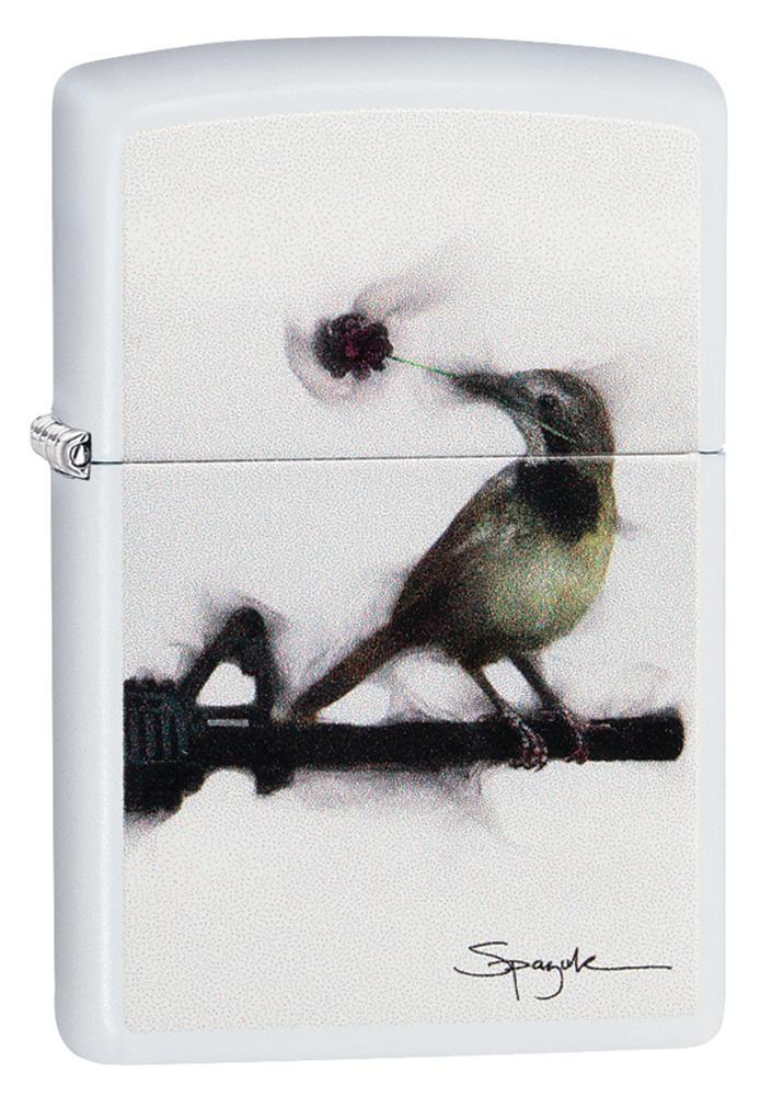 Zippo Spazuk White Matte Bird Holding a Rose Pocket Lighter Zippo