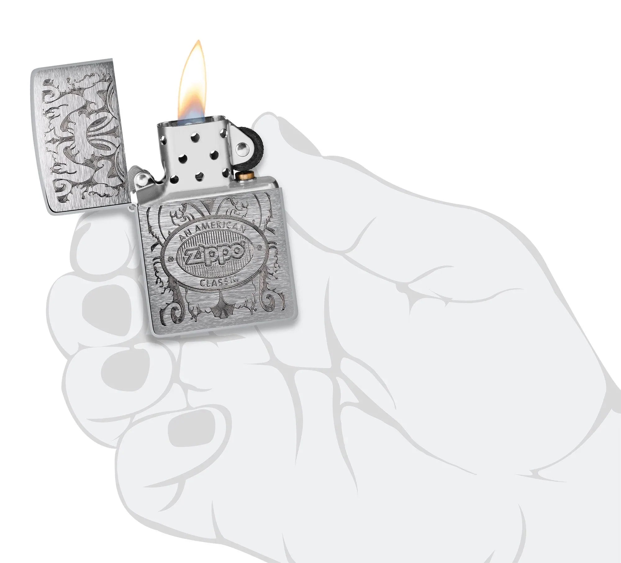 Zippo American Classic Windproof Lighter lit in hand.