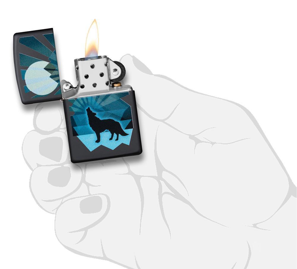 Zippo Wolf and Moon Design Black Matte Pocket Lighter Zippo
