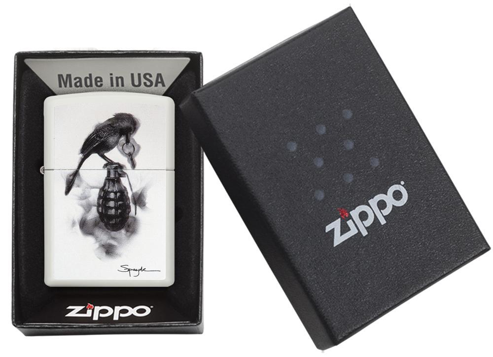Zippo Spazuk Bird Design White Matte Pocket Lighter Zippo