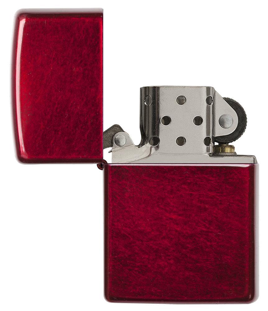 Classic Candy Apple Red?äó Windproof Lighter with its lid open and unlit